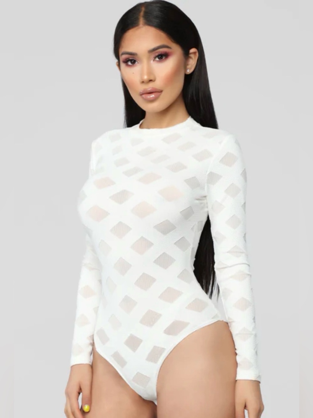 Fashion Nova White Long-Sleeve Geometric Sheer Bodysuit